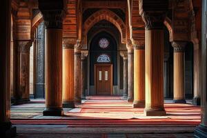 Sunlit mosque interior with ornate columns, arches, and stained glass. photo
