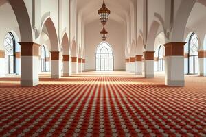 Sunlit mosque interior with patterned carpet, arched architecture, and large windows. photo