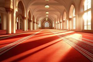 Sunlit mosque interior with red carpet, arches, and columns. photo