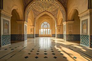 Sunlit ornate hall with arched windows and intricate tilework. photo