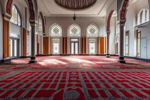 Sunlit mosque interior with red carpet, arched windows, and columns. photo