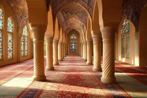 Sunlit mosque interior with stained glass and ornate columns. photo