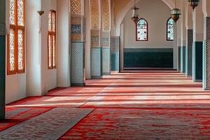 Sunlit mosque interior with red carpet, arched hallways, and stained-glass windows. photo