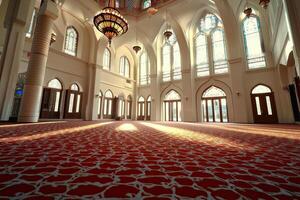 Sunlit mosque interior with stained-glass windows and ornate carpet. photo