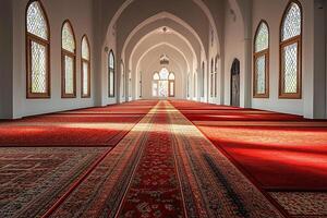 Sunlit mosque interior with red carpets and arched windows. photo