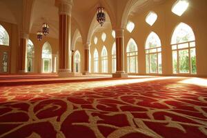 Sunlit mosque interior with red carpet, arches, and pillars. photo
