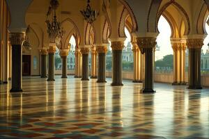 Sunlit palace hallway with ornate columns, arches, and patterned floor. photo
