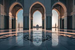 Sunrise view through arches of a grand mosque, reflecting on the polished floor. photo