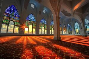 Sunrise streams through stained-glass windows illuminating a mosque's interior. photo