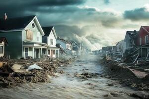 Devastated suburban street after flood, houses damaged, debris and mud. photo