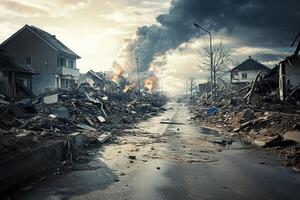Devastation A street ravaged by fire and destruction, showing houses reduced to rubble. photo