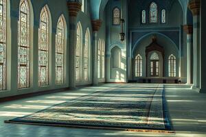 Sunlit mosque interior with prayer rug, stained glass windows, and arched architecture. photo