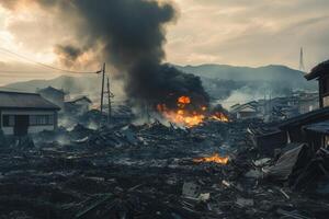 Devastation after a natural disaster burning buildings, rubble, smoke. photo