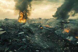 Devastation Aerial view of city engulfed in flames and rubble after disaster. photo