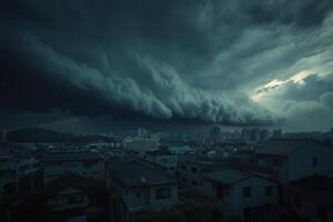 Dark storm clouds over city skyline. photo