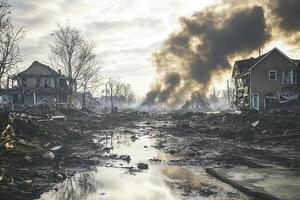 Devastation A street scene of destroyed homes and heavy smoke after a catastrophic event. photo