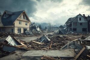 Destroyed houses after a natural disaster. photo