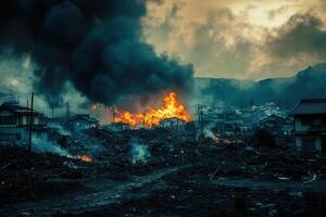 Devastation Houses burning amidst dark smoke and rubble after a natural disaster. photo