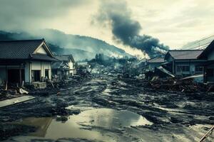 Devastation mud, debris, smoke, and damaged houses after a natural disaster. photo
