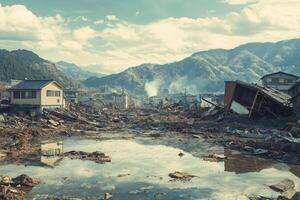Devastation and destruction after a natural disaster. photo
