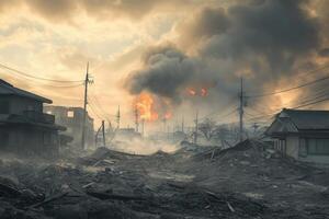 Devastation post-disaster scene with fire and rubble. photo