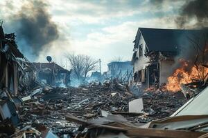 Devastation burning houses and rubble after a disaster. photo