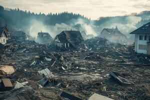 Devastation Smoke rises over a landscape of destroyed homes and debris after a natural disaster. photo