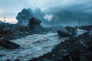 Devastation A boat navigates through floodwaters and debris amidst ruined buildings and smoke. photo
