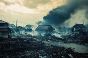 Devastation Smoke billows over fire-ravaged houses and debris-strewn streets after a natural disaster. photo
