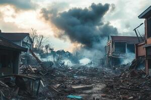 Devastation Smoke billows over a town reduced to rubble after a disaster. photo