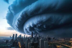 Dramatic dark storm cloud over city skyline. photo