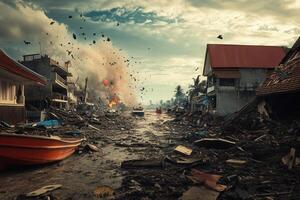 Devastation aftermath of a tsunami, showing destroyed buildings, debris, and a boat amidst the chaos. photo