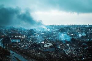 Devastation Smoke rises from a town destroyed by disaster. photo