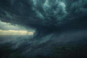 Dramatic dark storm clouds over land, heavy rain. photo