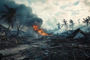 Devastation fire and destruction in a tropical landscape after a disaster. photo