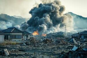 Devastation A massive fire engulfs a town after a natural disaster, leaving behind destruction and debris. photo