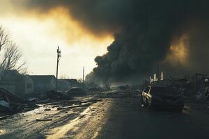 Destructive aftermath of a wildfire engulfing a residential street, showcasing damaged houses and vehicles amidst a dark, smoky sky. photo
