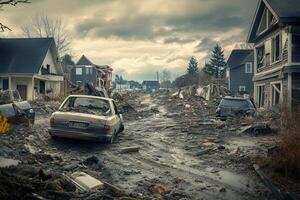 Devastated suburban street after a natural disaster, showing damaged houses and vehicles buried in mud and debris. photo