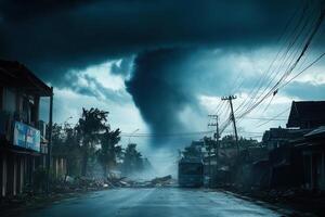 Dark storm cloud over a town street with debris and a bus. photo
