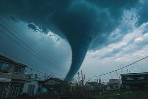 Dark, ominous tornado approaching residential area. photo