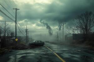 Desolate street scene with abandoned car, industrial smog, and overcast sky. photo
