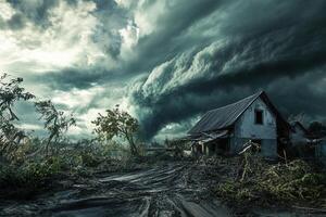 Derelict house ravaged by storm, ominous clouds overhead. photo