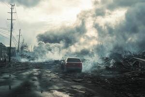 Desolate street scene after a catastrophic event, showing a car amidst rubble and smoke. photo