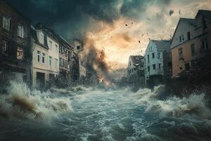 Devastated town street submerged by floodwaters, amidst storm and fire. photo