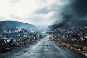 Desolate road through a disaster-stricken town, showing destruction and smoke. photo