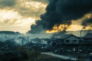 Dark smoke billows over a devastated town at sunset. photo