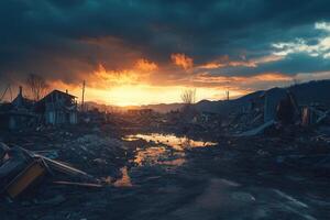 Desolate landscape of ruined buildings at sunset. photo