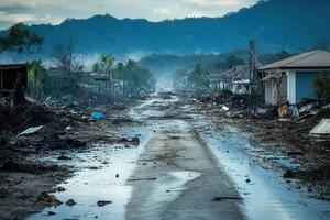 Devastation a road through a disaster-stricken town, showing destruction and debris. photo
