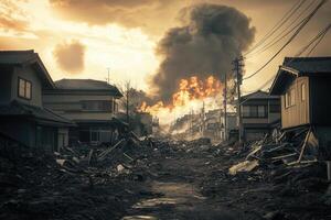 Devastation A residential street ravaged by fire and destruction, showing houses reduced to rubble amidst billowing smoke under a dramatic sunset sky. photo
