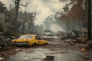 Destroyed suburban street with a yellow car amidst rubble and smoke. photo
